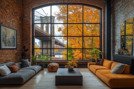 Fototapeta A modern living room in a Brooklyn loft with exposed brick walls, sleek furniture, and a small coffee table. Through the large window, the Brooklyn Bridge is framed by colorful autumn trees.