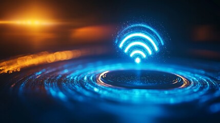 Fototapeta premium A sleek Wi-Fi extender emitting a blue glow, surrounded by a digital holographic blue Wi-Fi symbol, futuristic design, neon lighting, cyberpunk style, 3D rendering