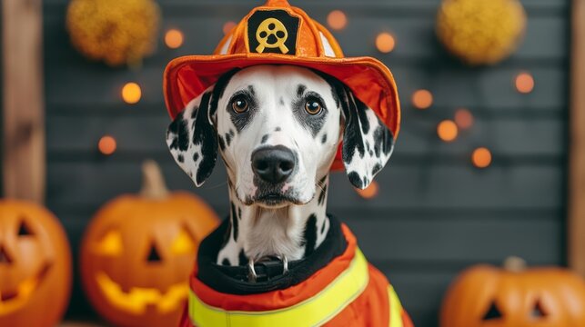 Dalmatian in a firefighter costume with Halloween decorations, firefighter dog, heroic Halloween pet