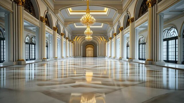 Elegant grand ballroom with opulent chandeliers, marble floors, and arched windows, ideal for luxury events, weddings, and festive celebrations like New Year's Eve