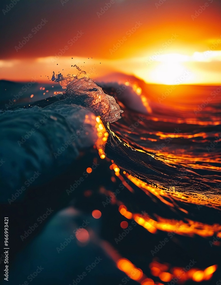 Poster the horizon glows with vivid oranges and reds as waves crash gently against the shore, reflecting th