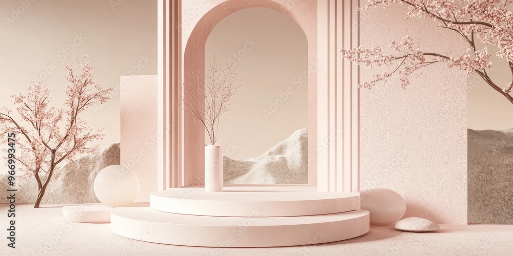 Aufkleber Abstract geometric shapes in pastel pink hues create a minimalistic scene with decorative elements and props designed for showcasing cosmetics or product displays in a 3D render