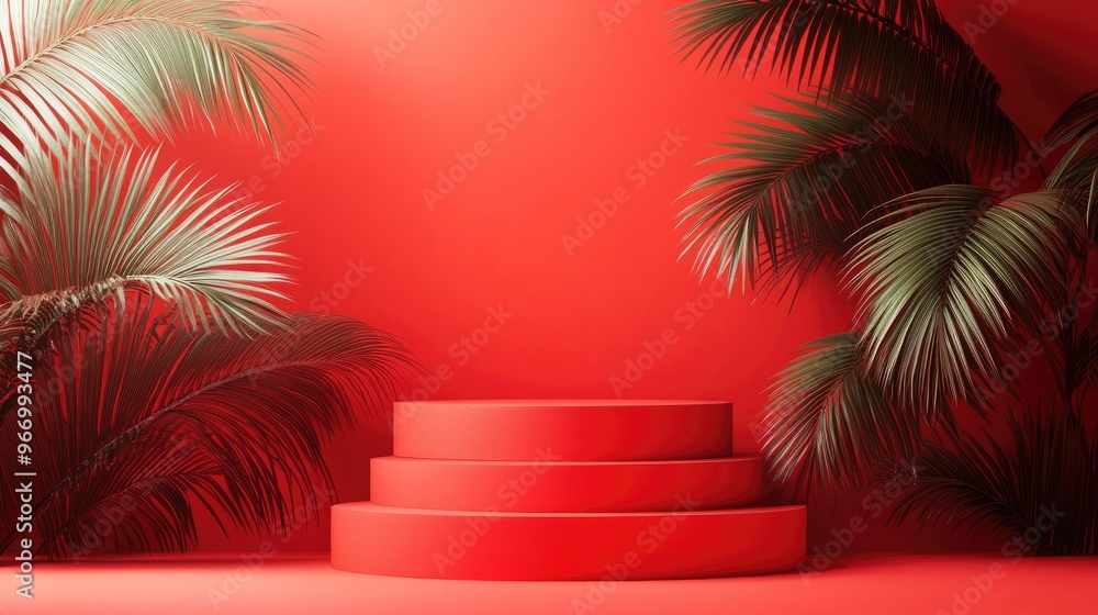 Poster Red podium set against a red backdrop 3D rendering Minimalist concept