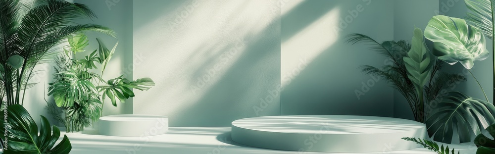 Poster Empty green mock up space featuring various platforms and decorative green palm leaves in 3D rendering