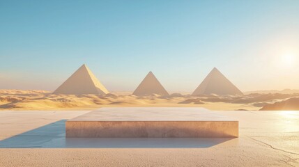 An empty 3D podium with futuristic lines, placed in front of a golden desert with the iconic pyramids rising in the distance under a clear blue sky