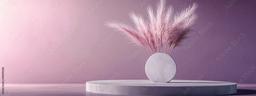Poster round concrete display with a matte glass geometric vase featuring pampas grass set against a violet