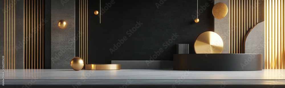 Poster Minimalist black and gold empty display featuring abstract geometric shapes Side perspective view 3D rendering mockup