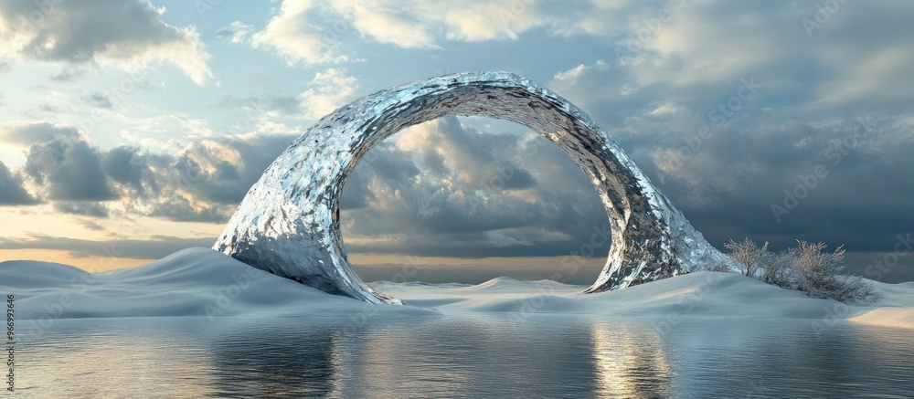 Poster Surreal dreamlike landscape featuring abstract dunes in a winter setting complemented by a geometric arch Enchanting island scenery with water and a natural cloudy sky highlighted by a metallic mir