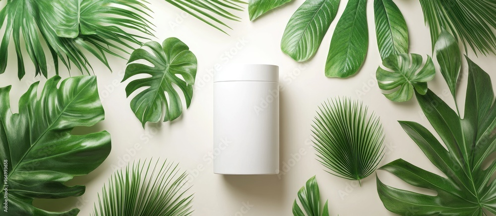 Poster minimalist white cylinder container surrounded by tropical palm leaves in a bright summer setting id