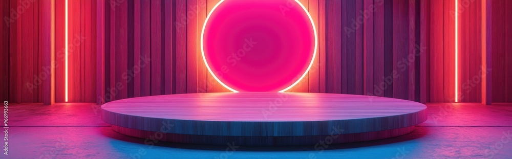 Poster 3D rendering studio featuring minimalist shapes and a podium on the floor Platforms designed for product presentation with an abstract background and a wooden backdrop