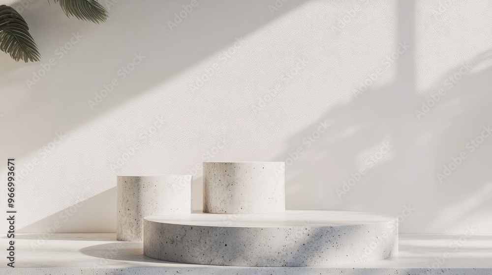 Poster Abstract minimalistic scene featuring geometric concrete pedestals on a white background designed for cosmetic product presentation Mockup showcasing empty space 3D rendering