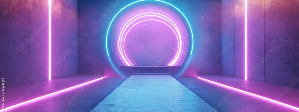 Poster futuristic sci fi modern structure with circular neon lasers in vibrant purple and blue designed for