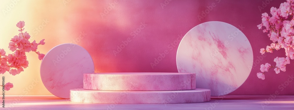 Poster Minimalist composition featuring a podium with an abstract backdrop Geometric shapes in a magenta setting 3D rendering showcasing geometrical forms and a textured background suitable for cosmetic