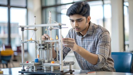 An Indian student conducting experiments or building mechanical models in a university lab, highlighting education in mechanical engineering.