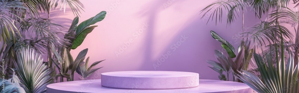 Aufkleber abstract podium on a sandy backdrop stone pedestal with a reflective surface surrounded by tropical 