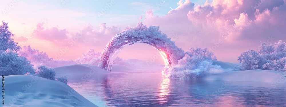 Poster surreal dreamlike background featuring an abstract winter landscape with dunes and a geometric arch 