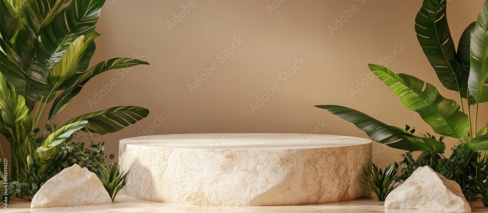 Poster stone product display podium featuring natural leaves against a brown backdrop 3d rendering