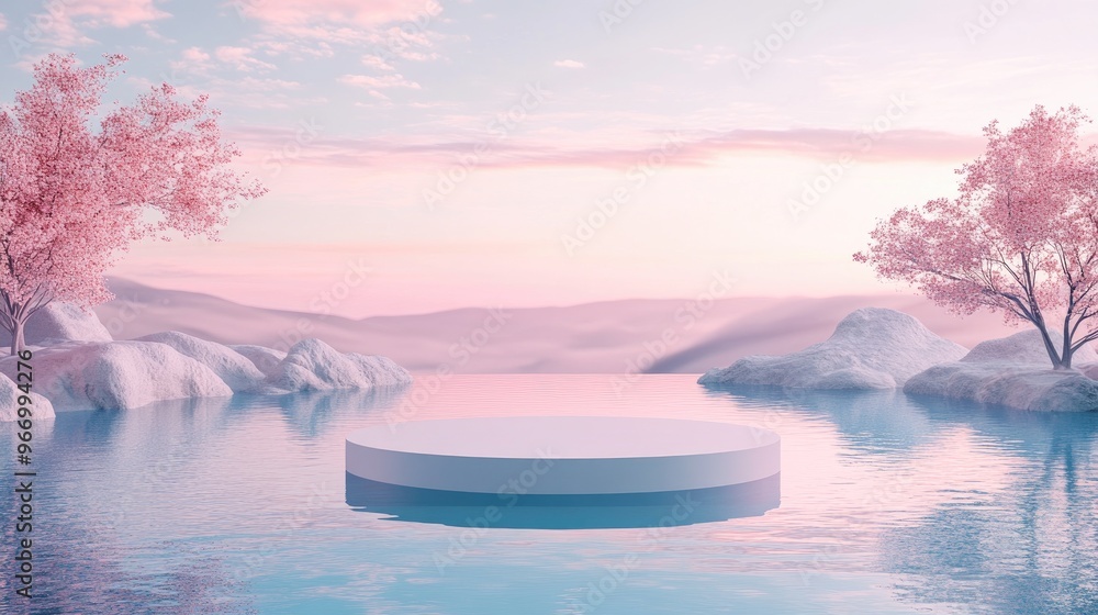 Poster premium 3d abstract minimalistic design showcasing an empty podium surrounded by a tranquil pond wit