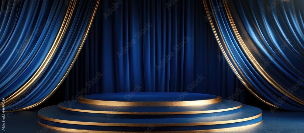 Poster Abstract deep blue and gold stage platform for product showcase 3D rendering
