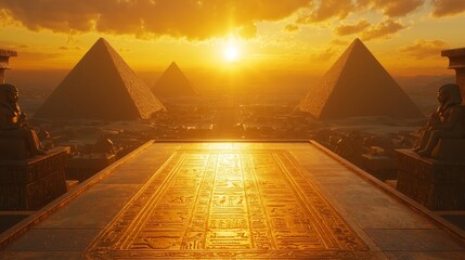 A 3D-rendered empty podium with glowing hieroglyphics, set against a backdrop of ancient Egyptian pyramids at sunset, with a golden sky