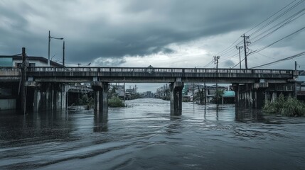 Obraz premium A bridge submerged by rising floodwaters during a typhoon, with grey clouds hanging heavily above. The image emphasizes the destruction below, while the overcast sky leaves room for text.