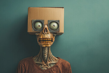 A photo of a zombie with two eyes and skinny arms wearing an oversized brown t-shirt. The zombie has its head inside a box-shaped hat made from cardboard. Created with Ai