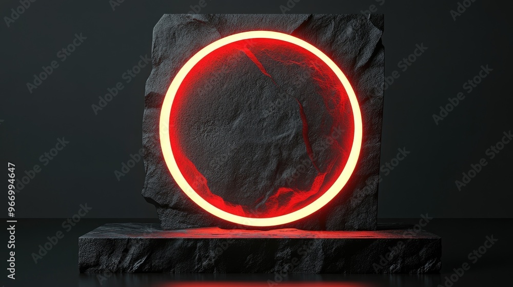 Poster A 3D rendering of a display stand featuring a black stone pattern and a luminous red ring