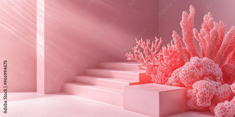 Poster Abstract background featuring pink coral shapes with minimalistic boxes and geometric podiums A scene showcasing stairs and geometric forms creating an empty display for cosmetic product presentat