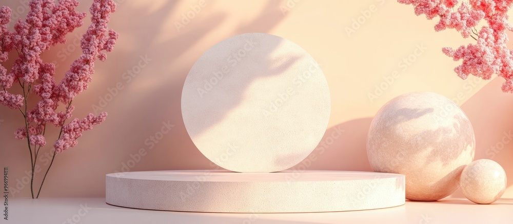 Aufkleber Abstract podium and empty display stand with a minimalist design featuring a primitive shape against a pastel colored background in 3D rendering