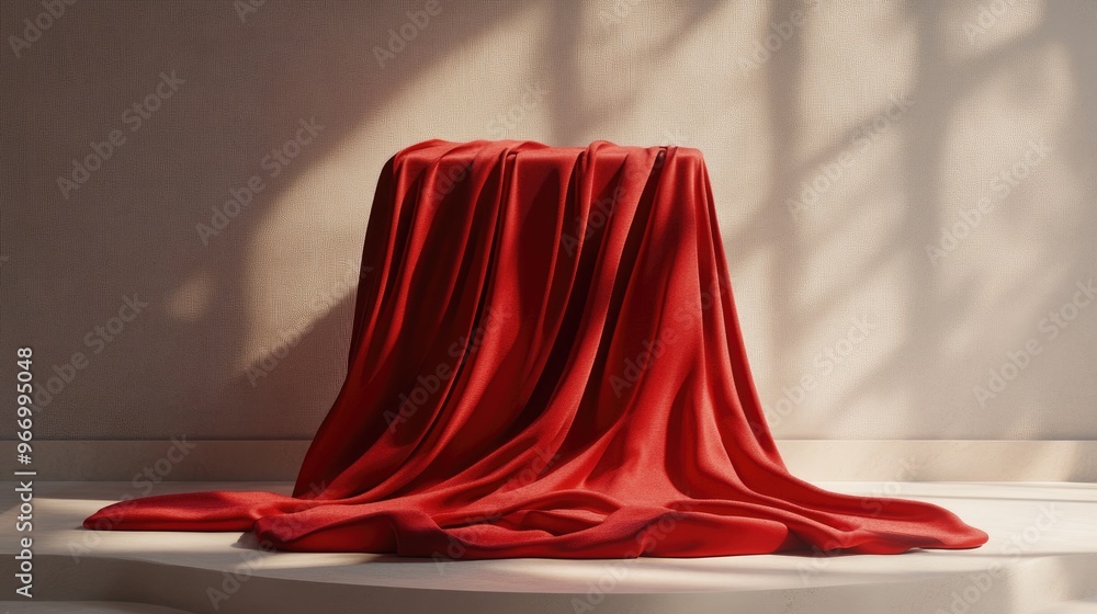 Aufkleber red fabric draped over a display pedestal 3d rendering