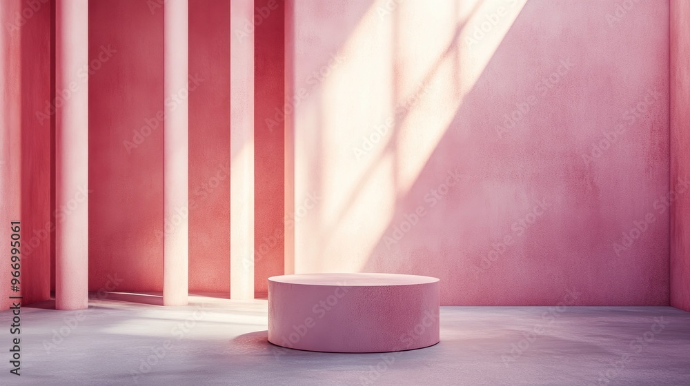 Aufkleber Podium display with a cylindrical pedestal Realistic modern 3D rendering for product presentation Abstract pastel minimal wall backdrop in a studio setting