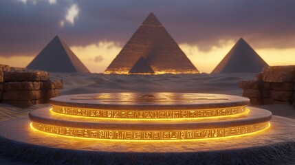 A glowing 3D podium with golden hieroglyphics, surrounded by the ancient Egyptian desert, with the pyramids towering in the background