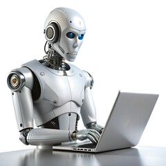 robot with laptop isolated on transparent white background, clipping path 