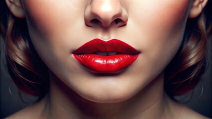 Fototapeta premium A close-up reveals a person's plush lips, painted a bright hue, drawing the eye to their sensual shape