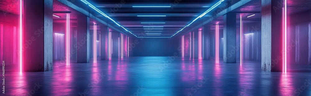 Poster large retro futuristic sci fi hangar with neon lights and laser effects in purple and blue featuring