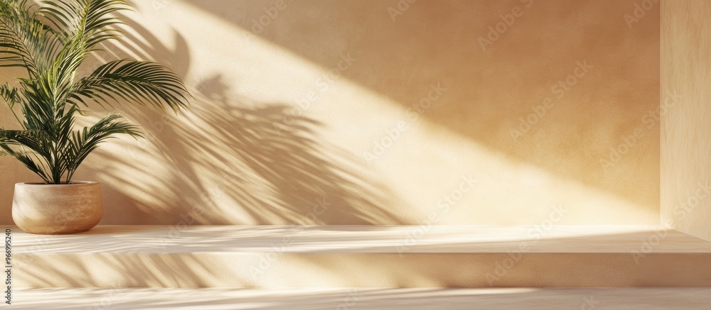 Poster minimalist product presentation mockup featuring a light brown cement step and wall with sunlight an