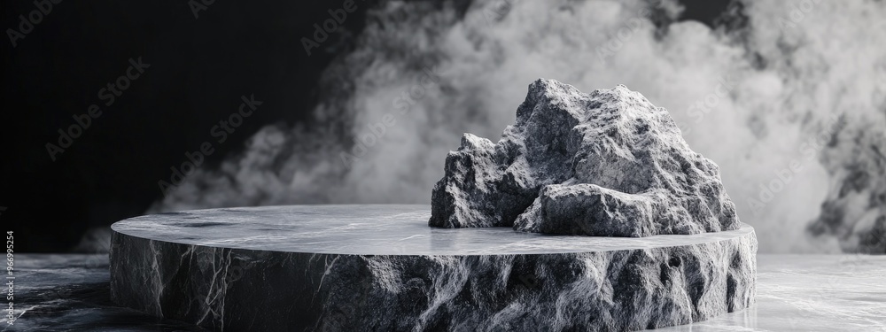 Poster Black and white textured stone podium with abstract rock elements for product display in a 3D rendering background