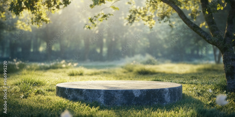 Aufkleber Abstract realistic 3D render of a spring setting featuring a stone podium on a grassy field in a forest ideal for product presentation advertising or mockups