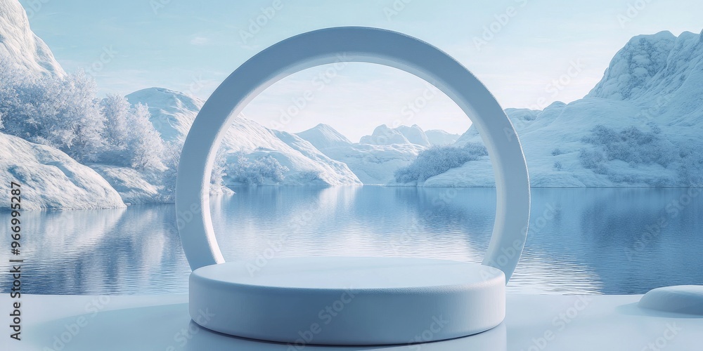 Aufkleber abstract winter landscape featuring geometric shapes an arch and a podium overlooking a tranquil lak