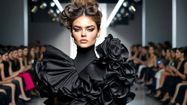 A model in an elaborate, avant-garde black dress walks the runway at a high fashion show, embodying couture elegance and event glamour