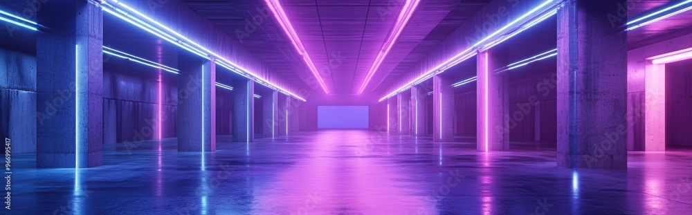 Poster large retro futuristic sci fi hangar with neon lights and laser effects in purple and blue featuring