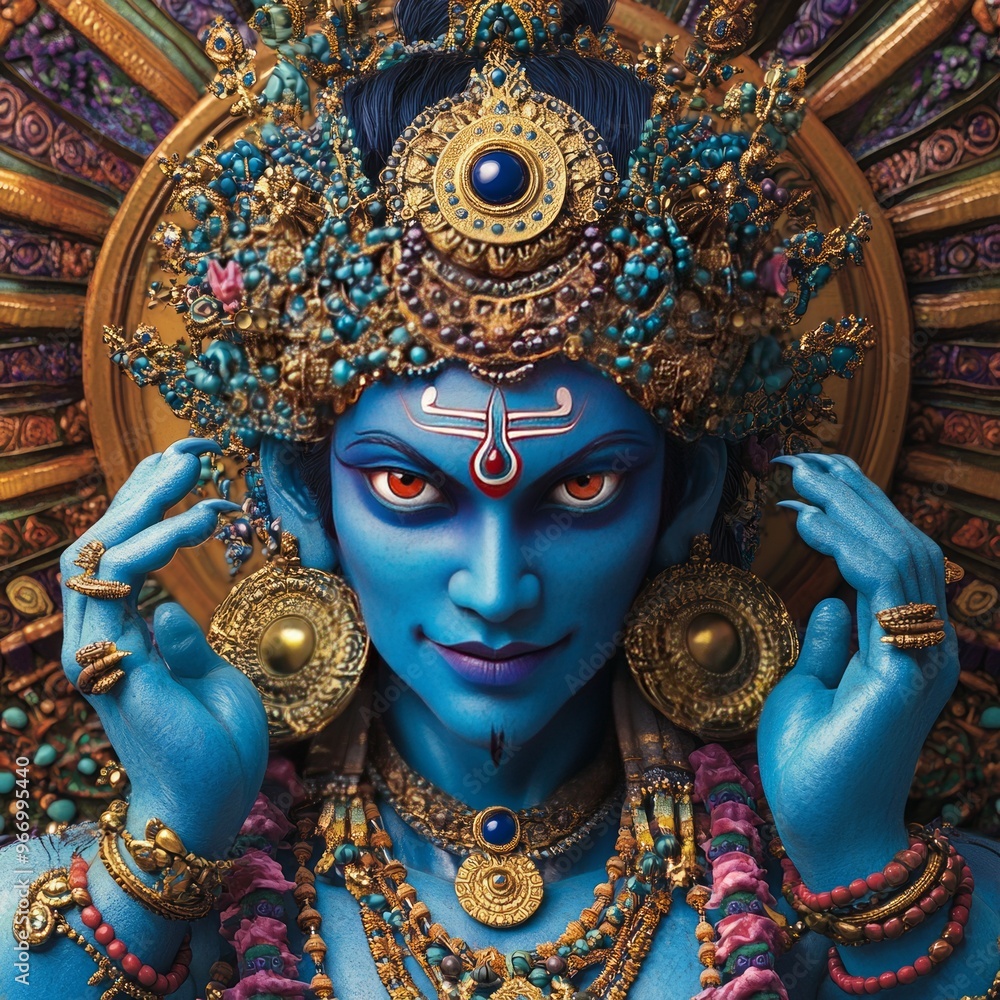 Wall mural A close-up portrait of a Hindu deity with blue skin, intricate jewelry, and a red dot on her forehead.