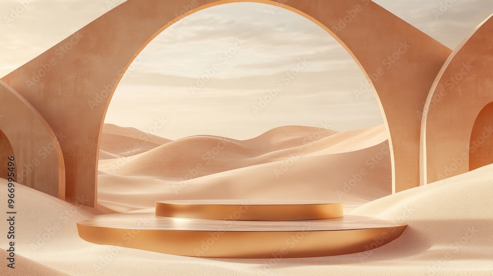Poster Abstract sand dune cliffs featuring a metallic podium platform Surreal desert landscape backdrop with glossy metallic arches in a geometric design 3D rendering