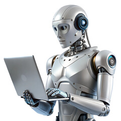 robot with laptop isolated on transparent white background, clipping path 