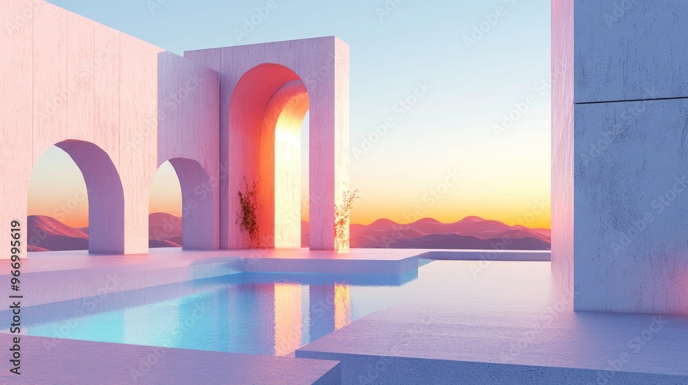 Poster abstract composition featuring geometric shapes an arch and a swimming pool illuminated by natural d