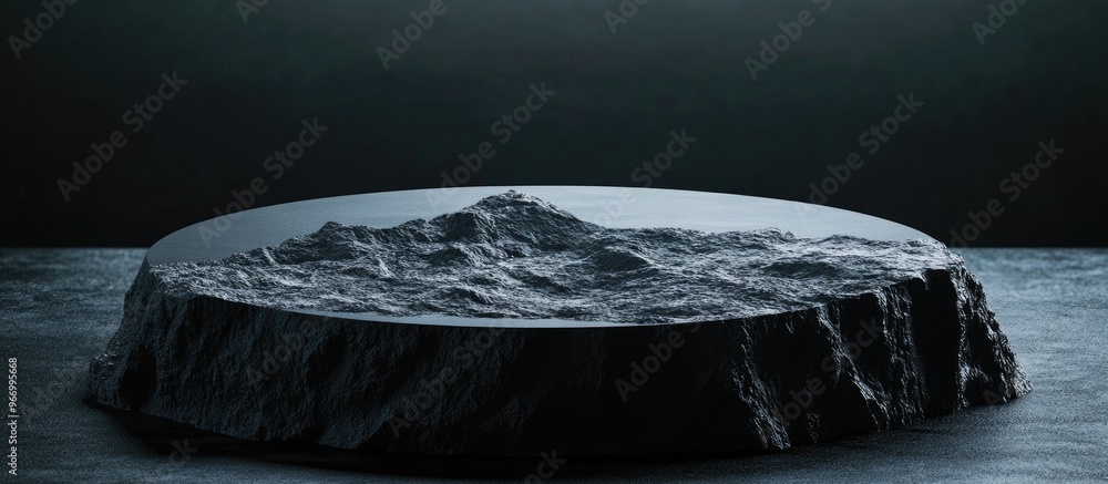 Poster minimalistic black circular podium with a rough rock surface resembling a meteorite on a mountain sh