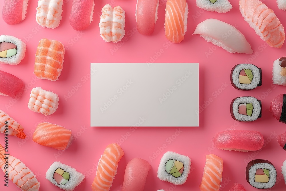 Poster a white card is placed in the middle of a table with various sushi rolls