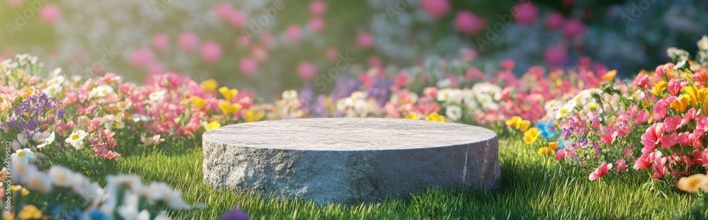 Aufkleber Abstract 3D rendering of a spring scene featuring a stone podium on a grassy field with a vibrant floral backdrop for product display and advertising purposes