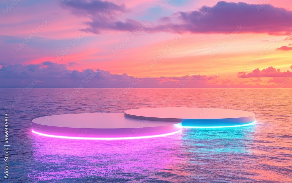 Aufkleber water podium with a colorful sky backdrop for advertising display 3d rendering