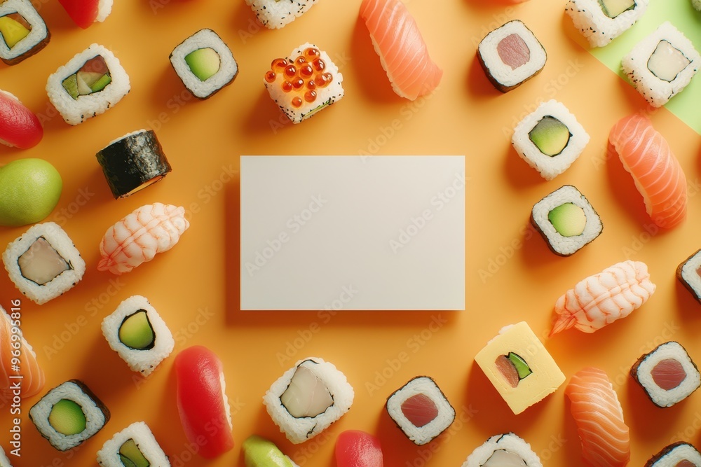 Poster a white card is placed in the middle of a table with various sushi rolls